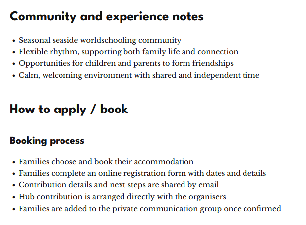 Community notes and booking process